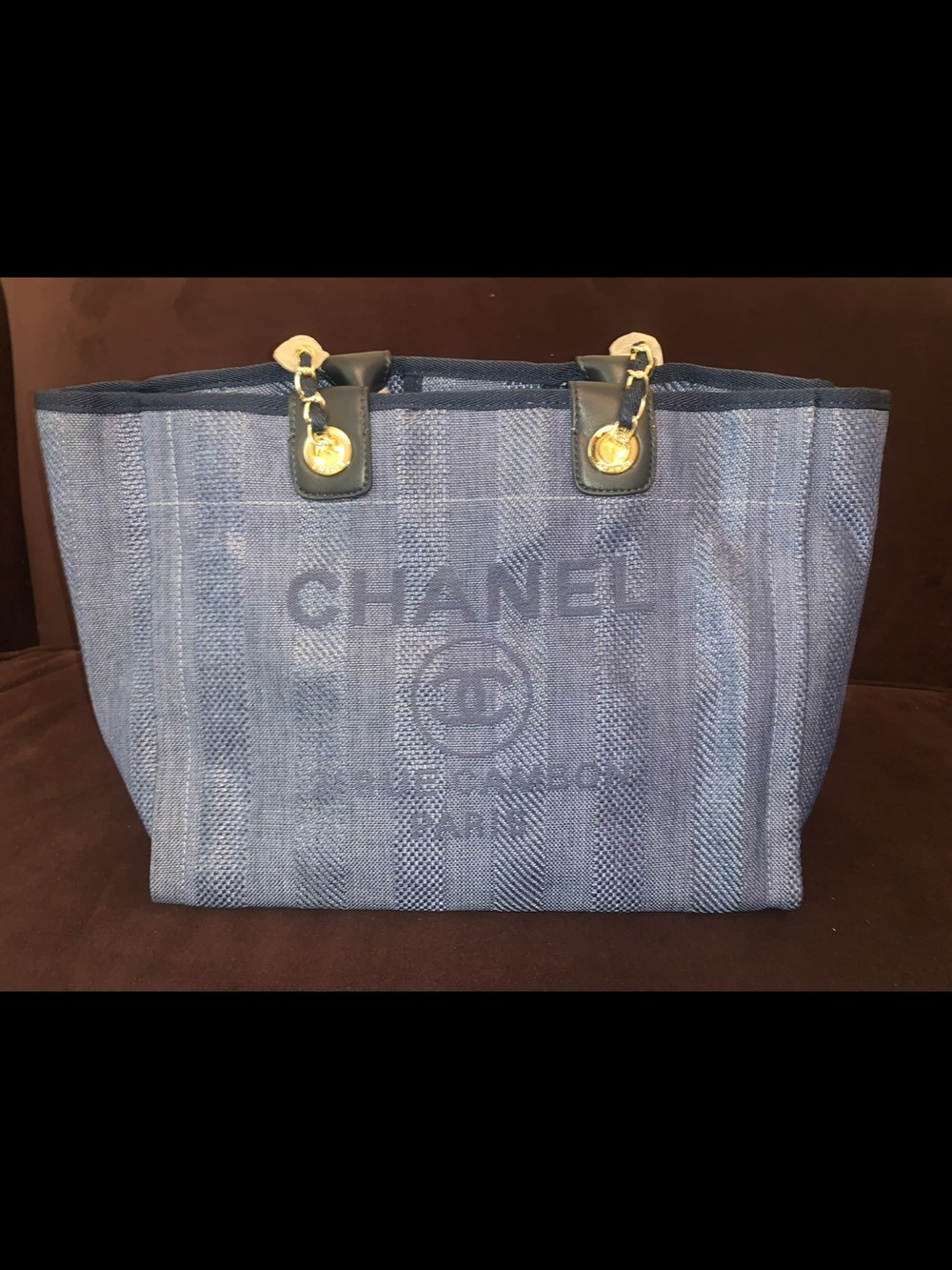 CC Blue Canvas Tote Beach Bag with Gold Chain Accents